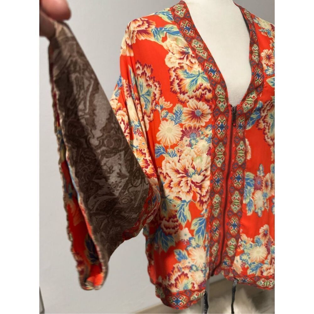Free People floral print mix print chiffon zip front cinch tie  on hem Xs/S jack - Picture 4 of 9